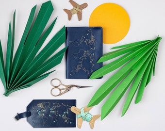 Map Passport Cover & Luggage Tag Set - Navy Stitch Where You've Been Travel Bundle