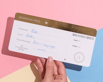 Boarding Pass Gift Card - Personalised ticket style card with gold foil. The perfect travel gift for a trip away.