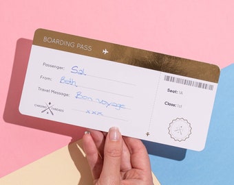 Tarjeta regalo de tarjeta de embarque: tarjeta personalizada estilo billete con lámina dorada. El regalo de viaje perfecto para un viaje.