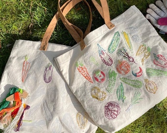 Stitch Your Vegetables Gardening Tote Bag Diy Kit - Sew What You Grow Grocery Bag Embroidery Kit with 14 colour threads. Beginner friendly!