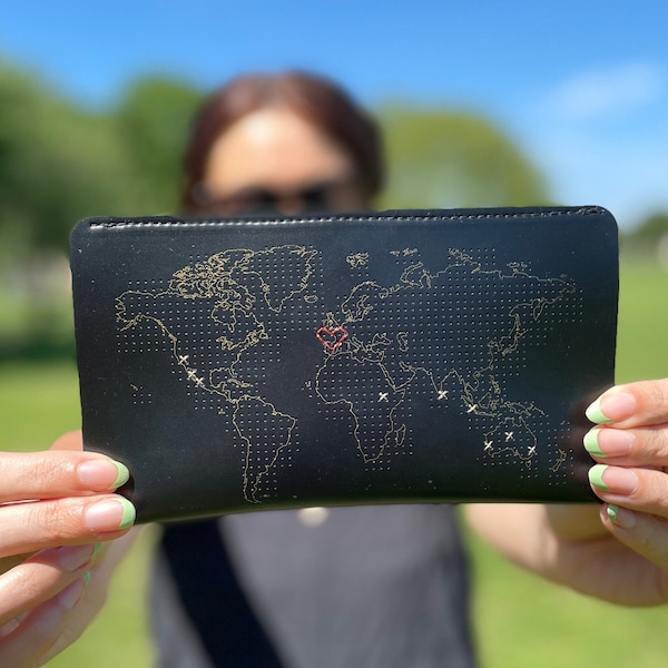 Stitch where you've been Travel Wallet in Black vegan leather printed with gold world map.Luxurious Passport Organizer in beautiful Gift Box