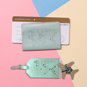 Map Passport Cover & Luggage Tag Set - Mint Stitch Where You&#39;ve Been Travel Bundle