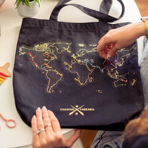 Stitch Where You've Been Black Canvas Travel Tote Bag with deluxe gold map DIY Kit image 1