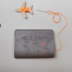 Stitch where you've been Travel Passport Cover Grey Real Leather Holder with map design, needle & thread image 2