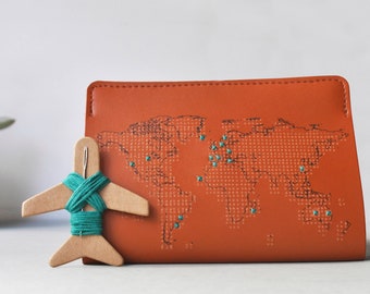 Stitch where you've been! Travel Passport Cover - Brown Real Leather Holder with world map, needle & thread