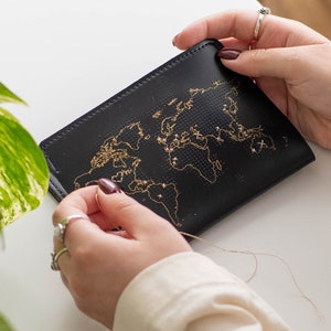 Stitch where you've been! Travel Passport Cover - Black Faux Leather Stitch Your Travels Map, Embroidery Travel Gift Keepsake for Travellers