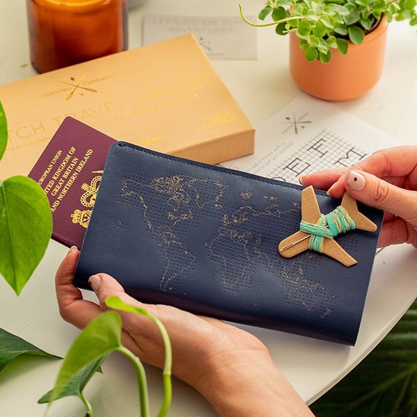 Stitch where you've been! Travel Wallet in Navy with Gold map. Luxurious Passport Holder / Document Organizer in beautiful Gift Box