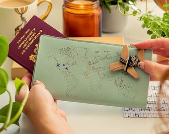 Stitch where you've been! Travel Wallet in Mint with world map. With needle & thread in beautiful Gift Box