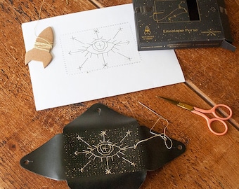 DIY Mystic Eye Stitch Kit - zodiac envelope purse- sew the design with needle & gold thread