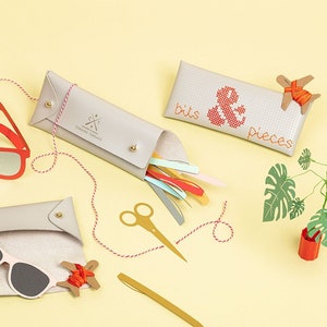Stitch your own design! Easy DIY customisable Pencil or Sunglasses Case - Light Grey perforated faux leather with red & orange threads