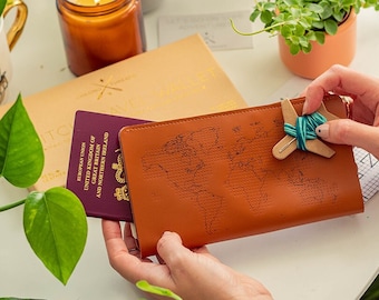 Pre-stitched - Stitch where you've been! Travel Wallet in Brown printed with world map with NY designs stitched