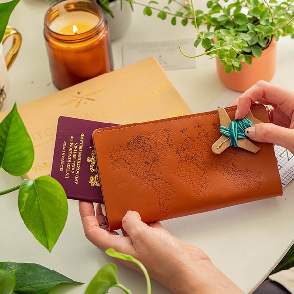 Stitch where you've been! Travel Wallet in Brown printed with world map. Luxurious Passport Holder/ Document Organizer in beautiful Gift Box