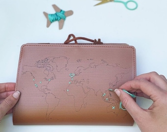 Stitch where you've been! World Travel Notebook in Brown faux leather with world map, needle & thread and pen