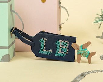 Stitch your own Leather Luggage Tag - Navy with teal & gold threads