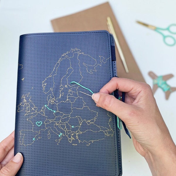 Stitch your travels around Europe! Travel Notebook in navy faux leather with gold map of Europe and needle & thread