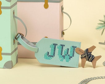 Stitch your own Leather Luggage Tag - Mint with navy & gold threads