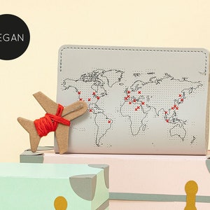 Vegan Stitch where you've been Travel Passport Cover Light Grey faux leather with map design, needle & thread image 1