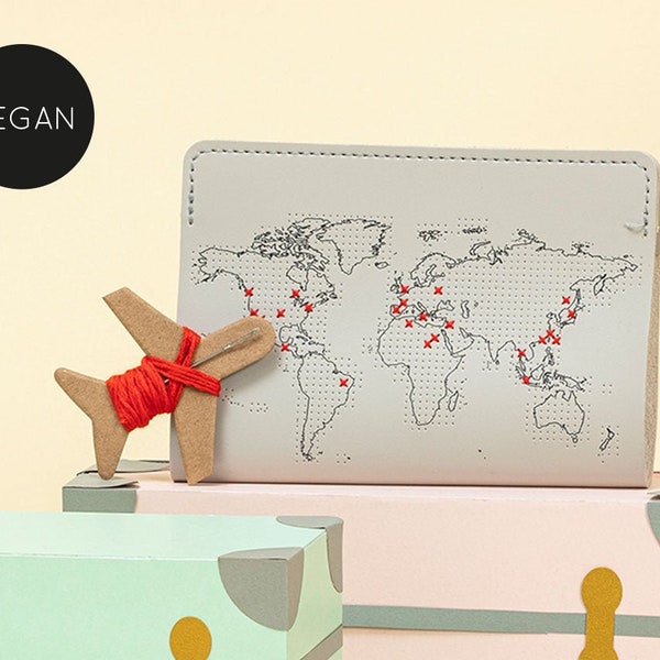 Vegan Stitch where you've been! Travel Passport Cover - Light Grey (faux leather) with map design, needle & thread