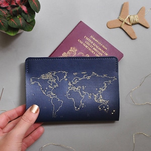 Stitch where you've been! Travel Passport Cover - Navy with Gold world map, Real Leather Holder with needle & thread