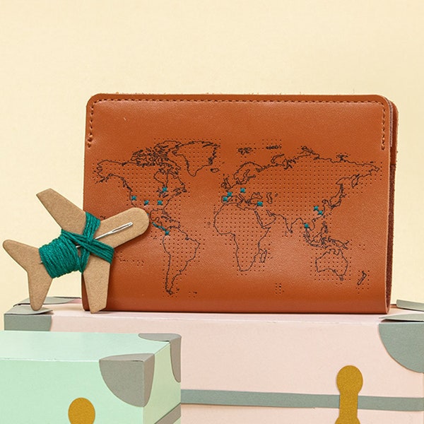 Stitch where you've been! Ultimate Travel Lover Gift, Travel Passport Cover - Brown Real Leather Holder with map, needle & thread DIY Kit