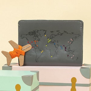 Stitch where you've been Travel Passport Cover Grey Real Leather Holder with map design, needle & thread image 1