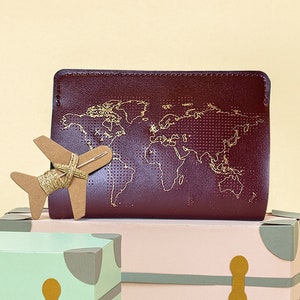 Stitch where you've been Travel Passport Cover Maroon with Gold world map, Real Leather Holder with needle & thread image 2