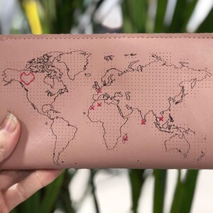 Stitch where you've been Travel Wallet in Pink with world map. With needle & thread in beautiful Gift Box image 2