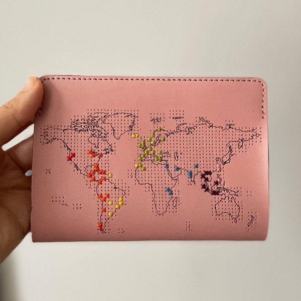 Stitch where you've been! Travel Passport Cover - Pink Real Leather Holder with world map, needle & thread