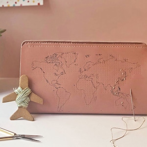 Stitch where you've been Travel Wallet in Pink with world map. With needle & thread in beautiful Gift Box image 6