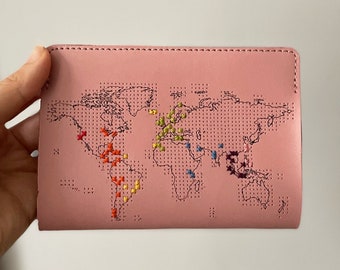 Stitch where you've been! Travel Passport Cover - Pink Real Leather Holder with world map, needle & thread