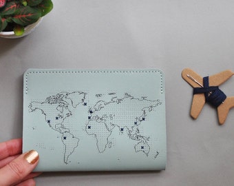 Stitch where you've been! Travel Passport Cover - Mint Real Leather Holder with world map, needle & thread