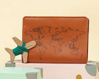 Stitch where you've been! Ultimate Travel Lover Gift, Travel Passport Cover - Brown Real Leather Holder with map, needle & thread DIY Kit