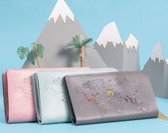 Stitch where you've been! Travel Wallet in Grey with world map. With needle & thread in beautiful Gift Box