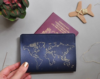 Stitch where you've been! Travel Passport Cover - Navy with Gold world map, Real Leather Holder with needle & thread