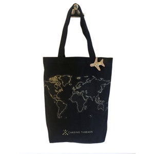 Stitch Where You've Been Black Canvas Travel Tote Bag with deluxe gold map DIY Kit No thanks