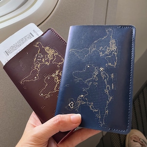 Stitch where you've been Travel Passport Cover Maroon with Gold world map, Real Leather Holder with needle & thread image 6