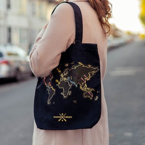 Stitch Where You've Been Black Canvas Travel Tote Bag with deluxe gold map DIY Kit image 5