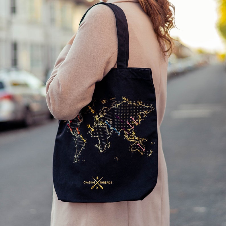 Stitch Where You've Been Black Canvas Travel Tote Bag with deluxe gold map DIY Kit image 5