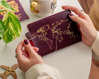 Stitch where you've been! Travel Passport Cover - Maroon with Gold world map, Real Leather Holder with needle & thread