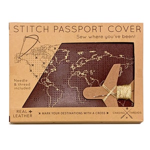 Stitch where you've been Travel Passport Cover Maroon with Gold world map, Real Leather Holder with needle & thread No Thanks