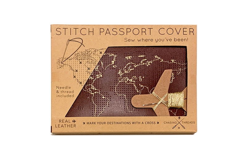 Stitch where you've been Travel Passport Cover Maroon with Gold world map, Real Leather Holder with needle & thread No Thanks