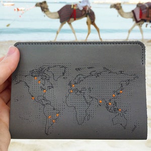 Stitch where you've been Travel Passport Cover Grey Real Leather Holder with map design, needle & thread image 5