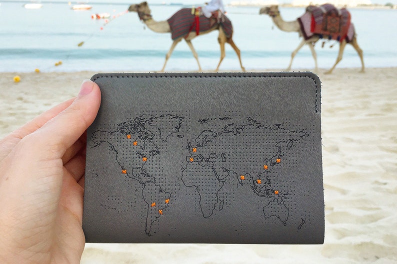 Stitch where you've been Travel Passport Cover Grey Real Leather Holder with map design, needle & thread image 5