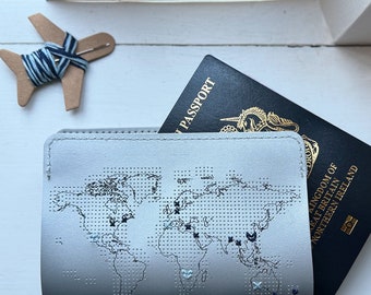 Stitch where you've been! Travel Passport Cover - Metallic Silver Edition (vegan leather) with map design, needle & thread