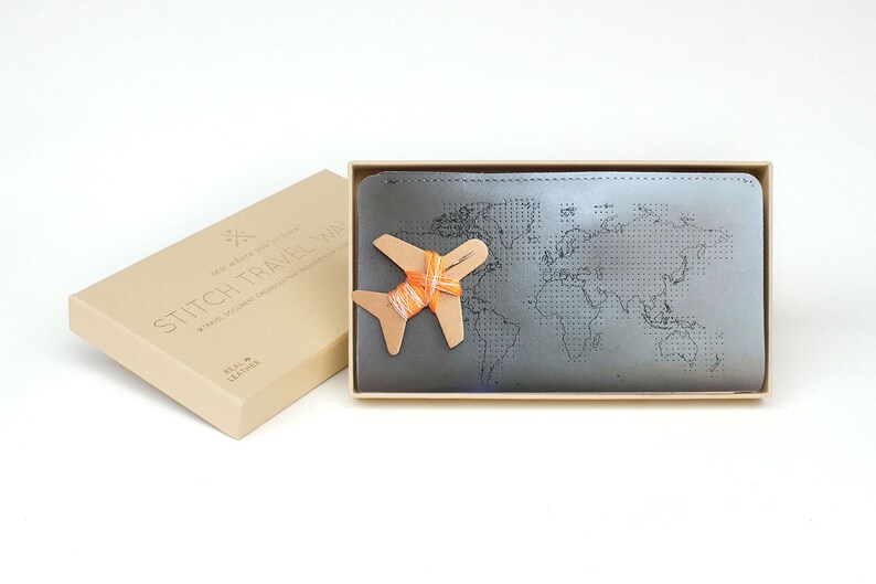 Stitch where you/'ve been Travel Wallet in Grey with world map With needle /& thread in beautiful Gift Box