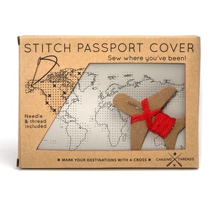 Vegan Stitch where you've been Travel Passport Cover Light Grey faux leather with map design, needle & thread No thanks