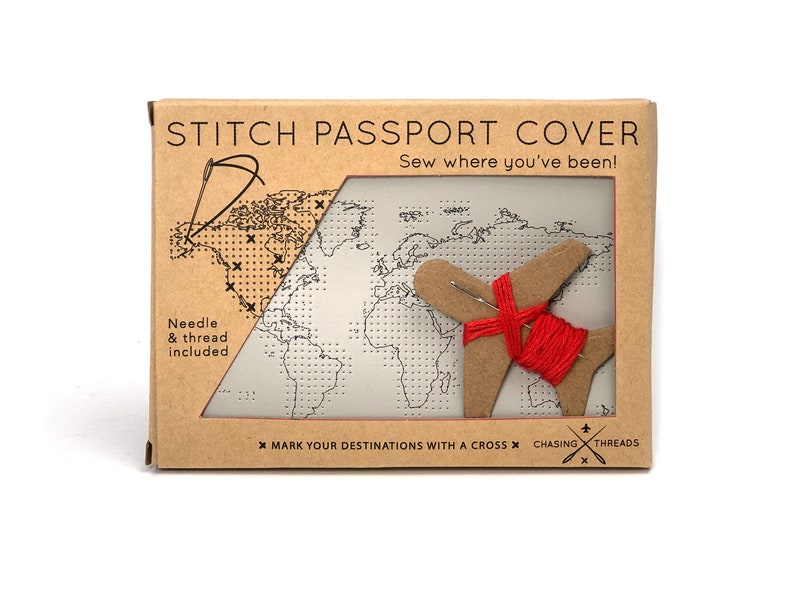 Vegan Stitch where you've been Travel Passport Cover Light Grey faux leather with map design, needle & thread No thanks
