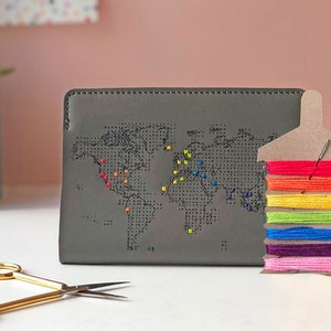 Stitch where you've been Travel Passport Cover Grey Real Leather Holder with map design, needle & thread Add Rainbow Threads