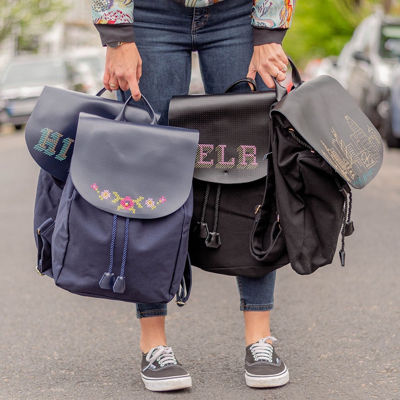 Stitch Your Own Design Backpack Navy Canvas & faux leather vegan image 2