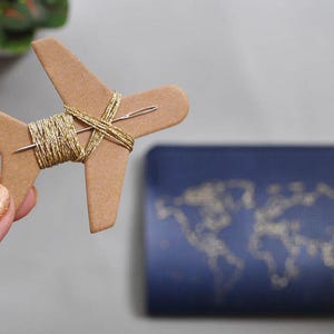 Può includere: Un aeroplano di legno fatto a mano con filo dorato avvolto. Un portafoglio blu con un disegno dorato della mappa del mondo sullo sfondo. L'aeroplano è tenuto in mano con smalto dorato.